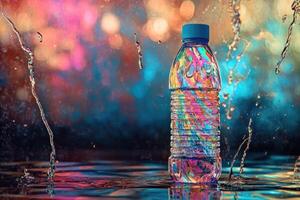 A Single Water Bottle with Colorful Water Droplets Splashing Around It photo