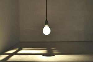 A Single Lightbulb Hanging and Casting Shadows on a White Floor photo