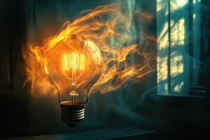 A Glowing Lightbulb Surrounded by Flames and Smoke photo