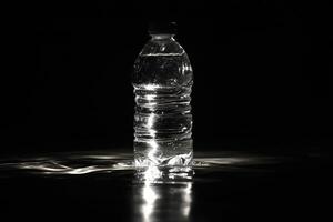 A Single Plastic Water Bottle Standing Upright in Water with a Black Background photo