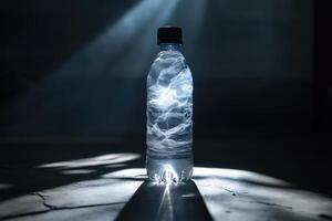 A Single Plastic Water Bottle Illuminated by a Light Beam photo