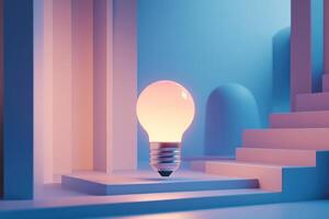 A Glowing Light Bulb Hovering Above Steps in a Minimalist Abstract Setting photo