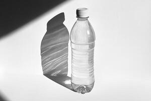 A Transparent Plastic Water Bottle with a White Cap Casting a Shadow on a White Surface photo