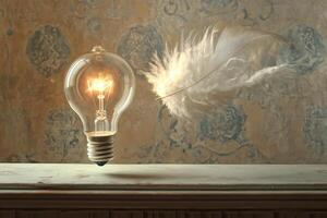 A Light Bulb Glowing Next to a Single White Feather on a Wooden Table photo