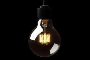 A single, lit, incandescent light bulb hanging from a black cord against a black background photo