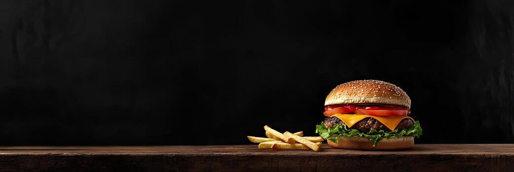 A hamburger with cheese and fries on a wooden board, against a dark background with space for text photo
