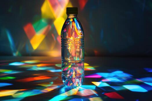 A Single Water Bottle Stands in a Colorful Light Display photo