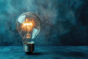 Glowing Light Bulb Against a Dark Blue Background photo
