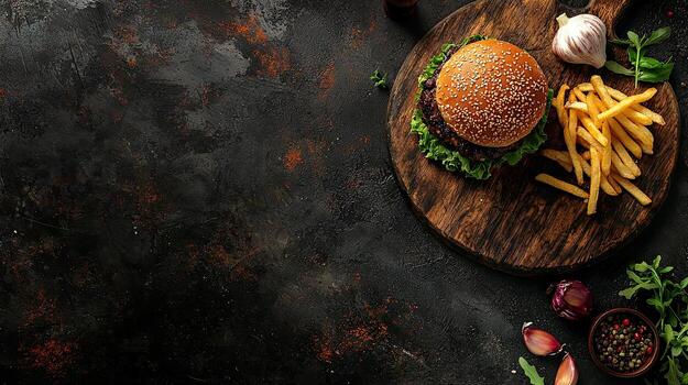 hamburger with fries on a wooden board against a dark background, with space for text and elements of garlic photo