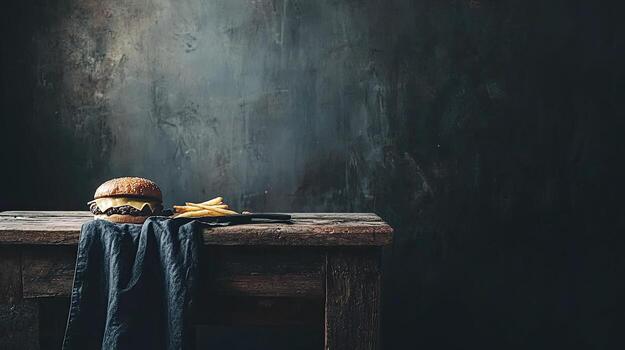 un hamburguesa con queso y papas fritas en un de madera junta, en contra un oscuro antecedentes con espacio para texto foto