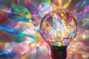 A Light Bulb With a Rainbow Shimmering Background photo