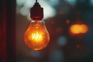 A Glowing Incandescent Light Bulb Hanging Against a Blurred Background photo
