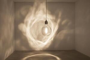 A single light bulb hangs from the ceiling in a white room, casting a swirling shadow on the wall. photo
