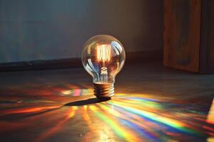 A Single Light Bulb Casting a Rainbow on a Wooden Surface photo
