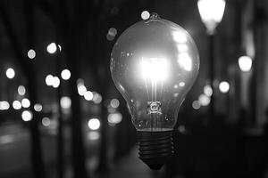 A Single Light Bulb Glowing Brightly Against A Background Of Blurred Lights photo