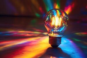 Illuminated Light Bulb with Multicolored Reflections on a Wooden Surface photo