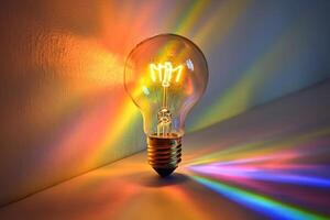 Illuminated Light Bulb Casting Rainbow Spectrum on White Surface photo