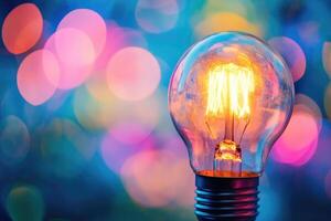 A glowing light bulb with a colorful bokeh background. photo