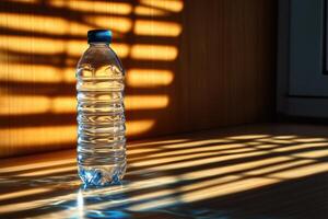 Water Bottle on a Table with Sunlit Stripes photo