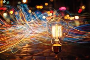 Light Bulb Glowing in a Nighttime Cityscape with Blurred Lights photo