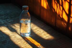 Water Bottle on Woven Surface with Sunlight Streaming Through a Window photo