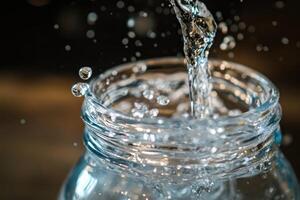 Water Pouring into Glass Jar with Splashing Drops photo