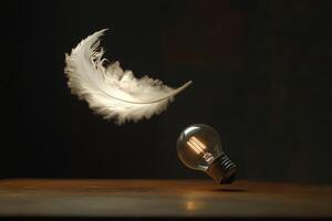 White Feather Falling Towards a Lit Light Bulb photo