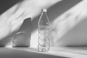 A Single Plastic Water Bottle With A White Cap On A White Surface With Shadows photo