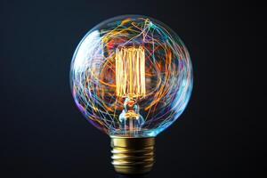 A Light Bulb with Colorful Streaks Inside on a Black Background photo