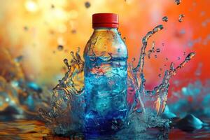 Water Bottle Splashing in a Colorful Background photo
