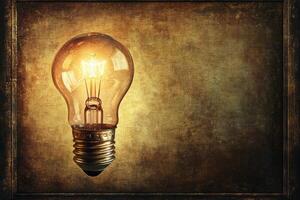 Illuminated Vintage Light Bulb Against Grungy Canvas Background photo