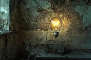 Glowing Light Bulb in a Decaying Room photo