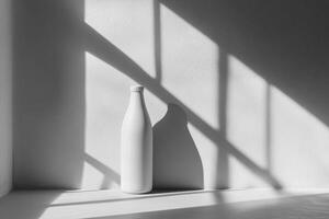 White Bottle with Window Light and Shadow on White Wall photo