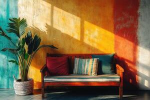 Rustic Wooden Bench with Colorful Cushions Against a Vibrant Wall photo
