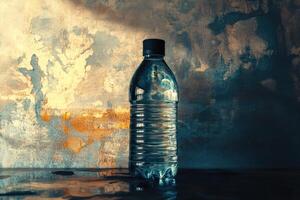 A Single Plastic Water Bottle on a Textured Surface with a Reflection photo