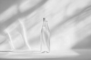 A Glass Bottle Filled with Liquid on a White Surface with Shadows photo