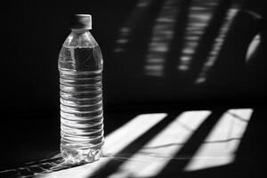 A Single Water Bottle with Shadows in a Dark Room photo