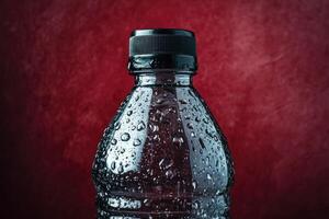 Close-up of a Condensation-Covered Plastic Bottle with a Black Cap photo