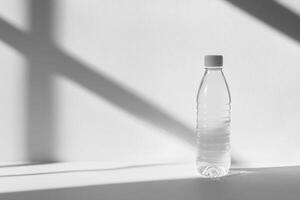 A Clear Plastic Water Bottle on a White Surface with Shadow photo