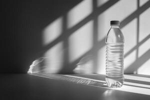 Water Bottle in Sunbeams on White Surface photo