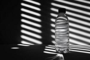 A Single Water Bottle Standing Against a Window with Striped Light Casting Shadows photo