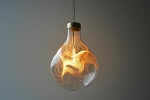 A glowing, filament-filled glass light bulb hangs from the ceiling photo
