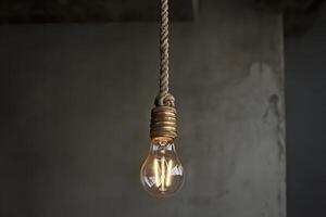 A Single Light Bulb Hanging from a Rope Against a Grey Wall photo