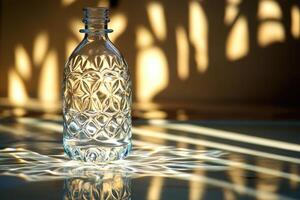 Glass Bottle with Intricate Pattern Reflecting Sunlight on a Table photo
