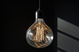 A Single Hanging Filament Light Bulb with a Black Background photo