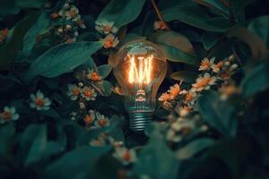 A Glowing Light Bulb Amidst Lush Greenery photo
