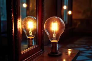 A Glowing Light Bulb Reflected in a Mirrored Frame photo