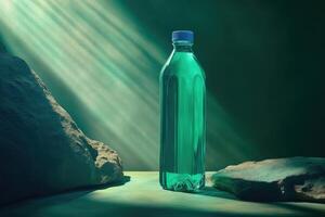 A Glass Bottle of Green Liquid in a Dramatic Setting with Rocks and Light Rays photo