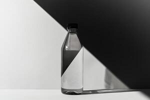 A Glass Bottle with a Black Cap Standing on a White Surface with a Diagonal Shadow photo