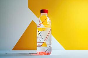 Water Bottle with Red and Black Geometric Design on a Yellow and White Background photo